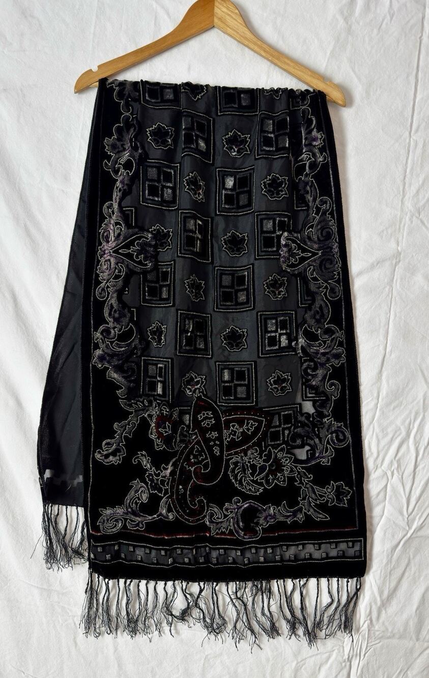 Black Silk Velvet Burnout Shawl Wrap Scarf Embellished Tassels Fringe Paisley